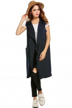 

Blue Turn Down Collar Sleeveless Loose Solid Trench Coat, Multicolor