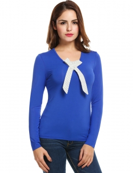 

Blue Casual Long Sleeve V Neck Patchwork Slim Pullover Shirts & Blouses, Multicolor