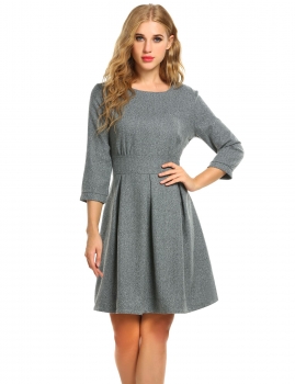 

Gray O-Neck 3"4 Sleeve Solid A-Line Dress, Multicolor