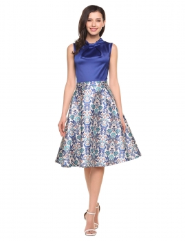 

Blue Stand Collar Sleeveless Prints Patchwork A-Line Hem Party Dress, Multicolor