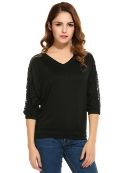 

Zeagoo Black Lace V-Neck 3"4 Batwing Sleeve Loose Casual Tops, Multicolor