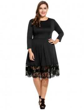 

Black New Women O-Neck Three Quarter Sleeve Lace Hem Pleated Plus Size Casual Dresses, Multicolor