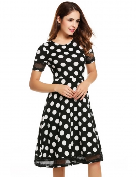 

Zeagoo Black Women O-Neck Short Sleeve Polka Dots Party Pleated Skater Casual Dresses, Multicolor