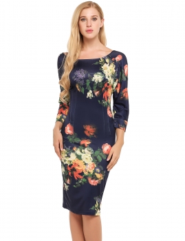 

Dark blue 3"4 Sleeve Floral Print Bodycon Pencil Dress, Multicolor