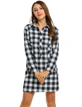 

Blue and White Turn Down Collar Long Sleeve Plaid Button Tunics, Multicolor