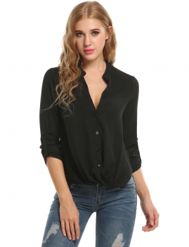 

Zeagoo Black V-Neck Roll Up Sleeve Cross High Low Hem Button Shirts & Blouses, Multicolor