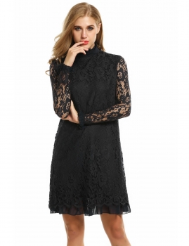 

Zeagoo Black Women's Stand Collar Long Sleeve Ruffles Cocktail Lace Shift Party Dresses, Multicolor