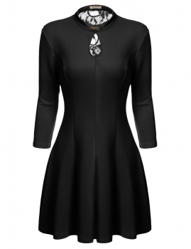 

Black Key Hole 3"4 Sleeve Hollow Lace Patchwork Evening Party A-Line Short Casual Dresses, Multicolor