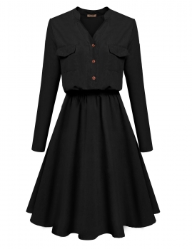 

Black Women Fashion Stand Collar Long Sleeve Solid Button Down A-Line Swing Casual Dresses, Multicolor