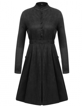 

Women Fashion Vintage Style Faux Suede Stand Collar Long Sleeve Button Down Solid A-Line Swing Short Dress, Multicolor