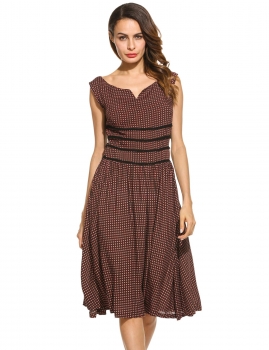 

Women Vintage Style Sleeveless Patchwork V Neck Dot Swing Dress, Multicolor