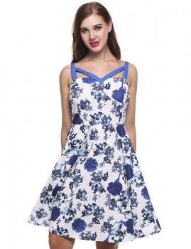 

Blue Sleeveless Floral Print V Neck Slim Cami A-Line Party Dress, Multicolor