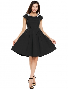 

Black Sleeveless Applique Solid O Neck A-Line Dress, Multicolor