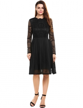 

Black Women Casual Long Sleeve Lace Patchwork O Neck Sexy A-Line Knee Length Dress, Multicolor