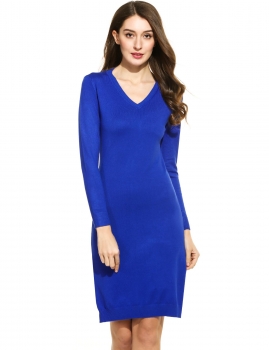 

Women Casual Long Sleeve Solid V Neck Pullover Knit Stretch Sweater Dress, Multicolor