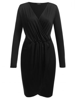 

Women V-Neck Long Sleeve Faux Wrap Draped Cocktail Club Party Dress, Multicolor