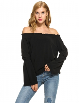 

Off the Shoulder Flare Sleeve Elastic Hem Solid Tops, Multicolor