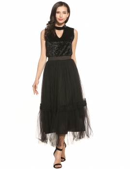 

Black Women High Waisted Multi Layer Lace Long Maxi Tutu Tulle Skirt, Multicolor