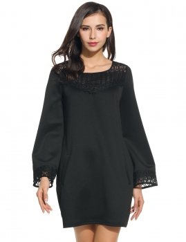 

Black Women Casual O-Neck Long Flare Sleeve Lace Patchwork Pullover Going Out Dresses, Multicolor