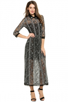 

New Women Casual Organza Turn-down Collar Three Quarter Sleeve Lace Pleated Maxi Dress, Multicolor