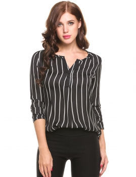 

Black Long Sleeve Asymmetrical Hem Striped Pullover Semi-Sheer V-Neck Chiffon Blouse, Multicolor