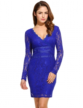 

Blue New Women Sexy V-Neck Long Sleeve Waistband Floral Lace Cocktail Party Dresses, Multicolor