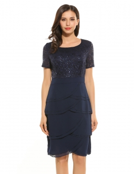 

Dark blue Women Casual Short Sleeve Lace Sequined Patchwork O Neck Cocktail Dress, Multicolor