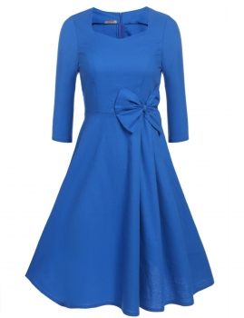 

Women Vintage Style Square Neck 3"4 Sleeve Bow Party Swing Dress, Multicolor