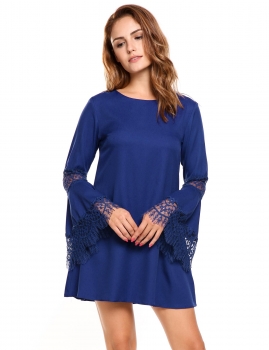 

Blue Lace Flare Sleeve Loose A-Line Tunic Dress, Multicolor