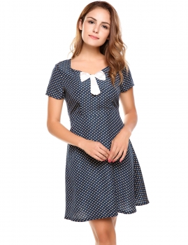 

Navy blue Vinatge Style Dots Slim Bow A-Line Dress, Multicolor