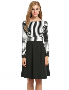 

Meaneor Black Women Long Sleeve Striped Patchwork Fit and Flare Swing Party Dresses, Multicolor