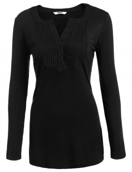 

Black Buttoned Pleated V-Neck Long Sleeve Solid T-Shirt, Multicolor