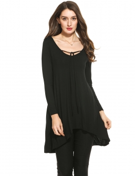 

New Women Casual V-Neck Long Sleeve Solid Pleated Asymmetrical Hem Lace-up Loose Pullover Dress, Multicolor