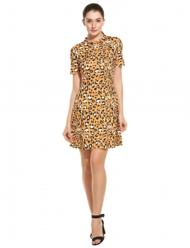 

Yellow Stand Collar Short Sleeve Leopard Prints Pleated Casual Dress, Multicolor