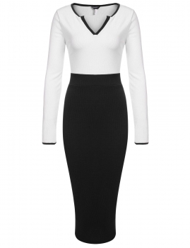 

Black Women Notch Neck Long Sleeve High Waist Contrast Color Patchwork Ribbed Pencil Going Out Dresses, Multicolor
