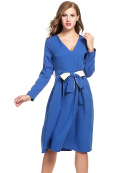 

Women Fashion Vintage Style Deep V-Neck Long Sleeve High Waist Belted Solid A-Line Swing Dress, Multicolor