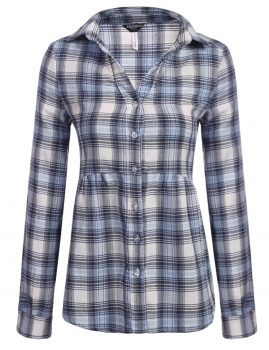 

Turn-down Collar Long Sleeve Plaid Pleated Shirts, Multicolor