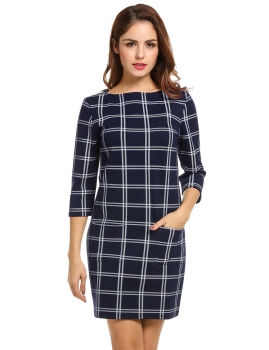 

Dark blue New Women O-Neck Three Quarter Sleeve Plaid Casual Work Dresses, Multicolor