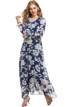 

Women Chiffon O-Neck Long Sleeve Floral Print Long Maxi Party Beach Dress, Multicolor