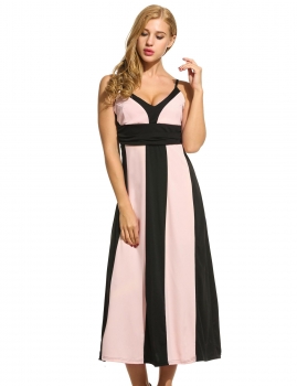 

Pink black New Women V-Neck Sleeveless Spaghetti Strap Patchwork Dress, Multicolor