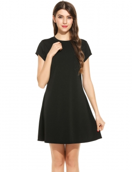 

Black O-Neck Short Sleeve Solid Pleated Elastic Swing Casual Dress, Multicolor