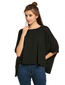 

Black O-Neck Batwing Sleeve Loose Irregular Casual Tops, Multicolor