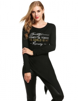 

Zeagoo Black O-Neck Long Sleeve Letter Print Irregular Hem Slim Tunics, Multicolor