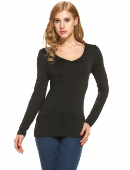 

Elastic V-Neck Long Sleeve Solid Slim T-Shirt, Multicolor