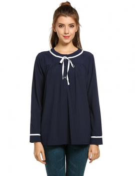 

Navy blue O-Neck Long Sleeve Lace-up Chiffon Shirts & Blouses, Multicolor
