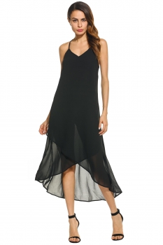 

Black Spaghetti Strap Asymmetrical Hem Maxi Cami Dress, Multicolor