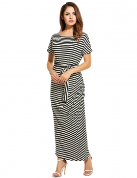 

Black Women Loose Batwing Short Sleeve Striped Draped Long Maxi with Belt Casual Dresses, Multicolor