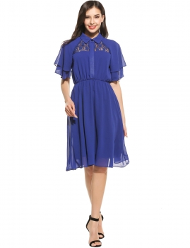 

Blue New Women Casual Turn-down Collar Double Layers Ruffle Sleeve Lace Patchwork Chiffon Pleated Dress, Multicolor