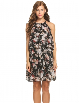 

Black New Women Casual O-Neck Prints Pleated Chiffon Spaghetti Straps Dress Cami with Lining, Multicolor