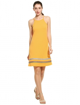 

New Women Casual O-Neck Sleeveless Ethnic Styles Prints Embroidery Patchwork Spaghetti Straps Dress Cami Dress, Multicolor